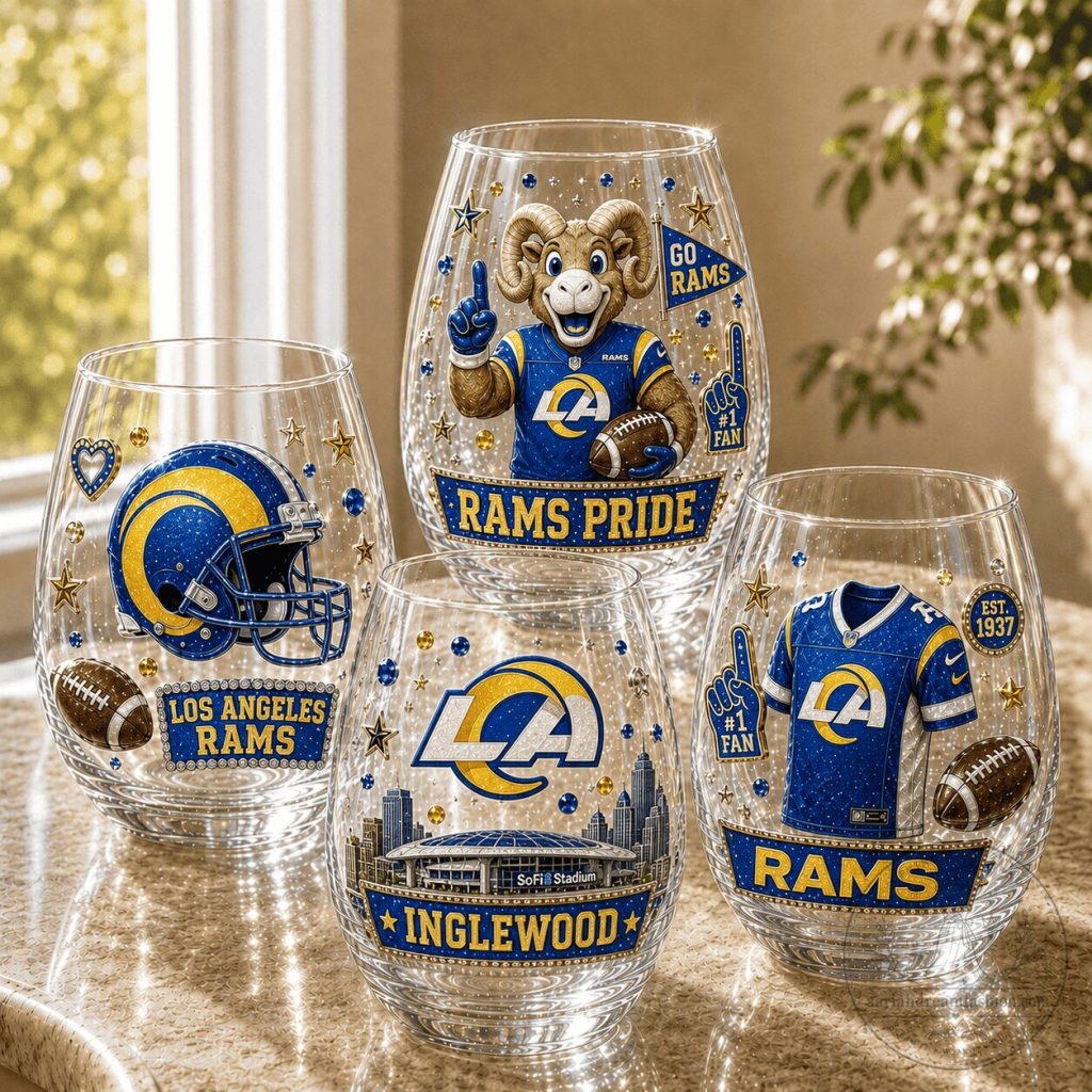 Los Angeles Rams Football Team Stemless Wine Glasses Set of Four Los Angeles Rams Football Team Stemless Wine Glasses Set of Four