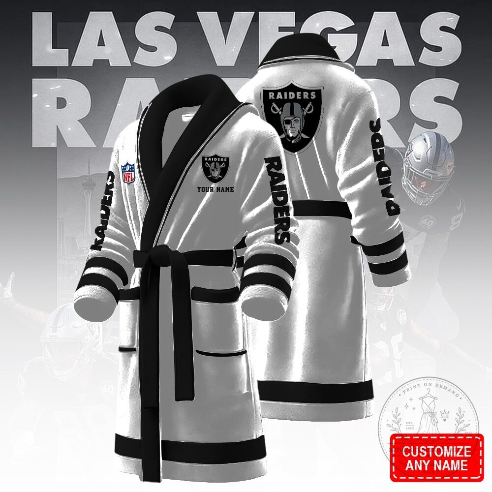 Las Vegas Raiders NFL Football Team Personalized Black and White Bathrobe 9 Las Vegas Raiders NFL Football Team Personalized Black and White Bathrobe