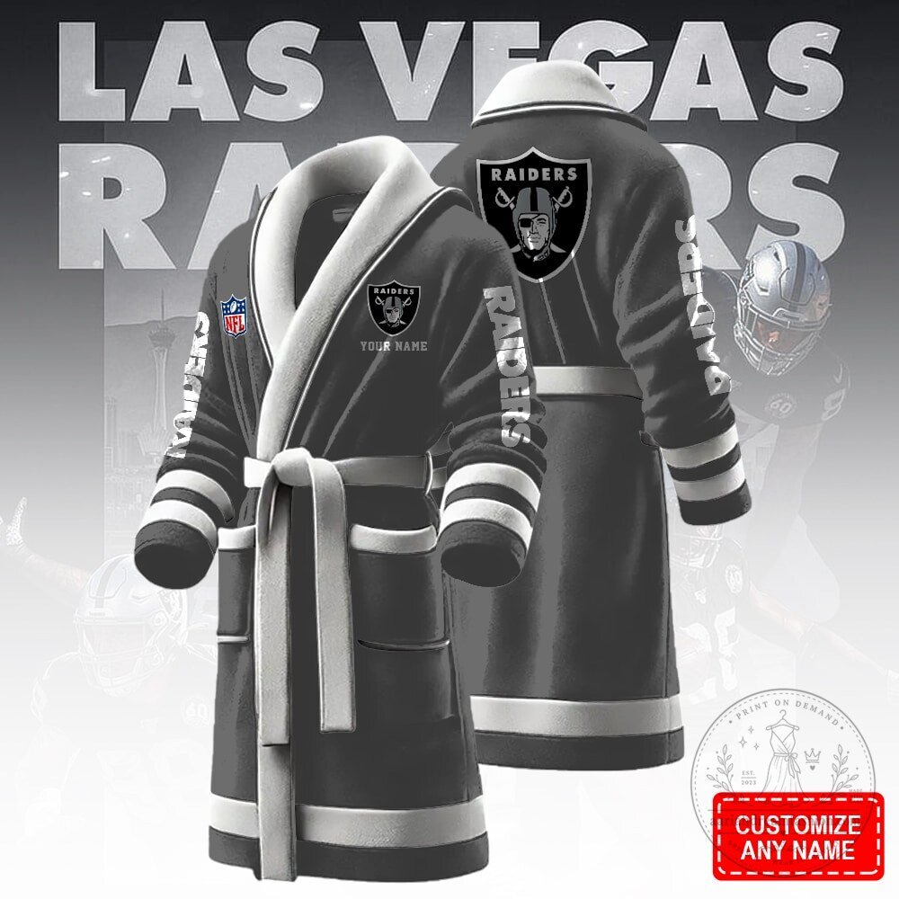 Las Vegas Raiders NFL Football Team Personalized Black and White Bathrobe 10 Las Vegas Raiders NFL Football Team Personalized Black and White Bathrobe