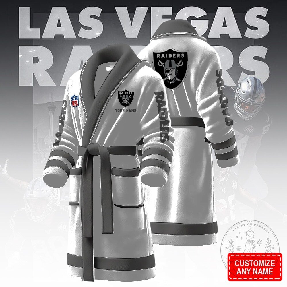 Las Vegas Raiders NFL Football Team Personalized Black and White Bathrobe 11 Las Vegas Raiders NFL Football Team Personalized Black and White Bathrobe