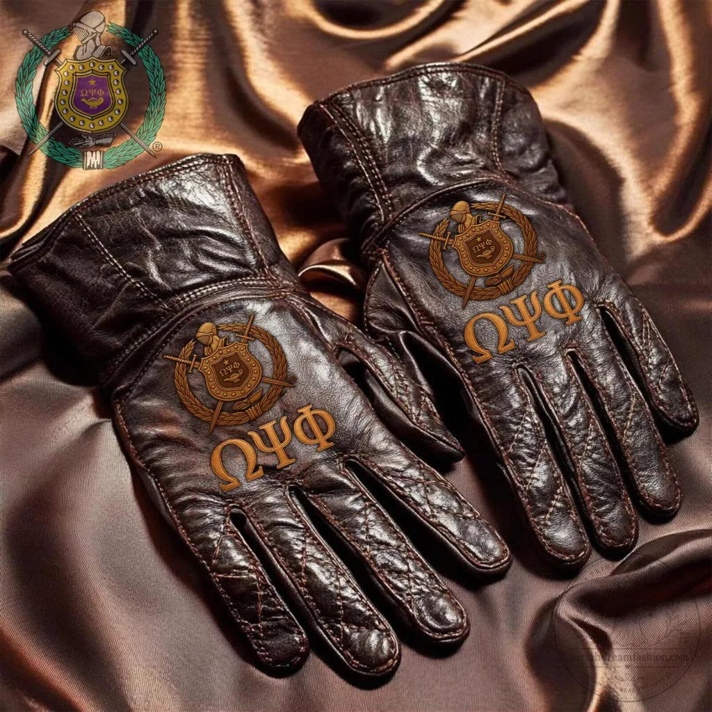 Omega Psi Phi Fraternity Shield and Greek Letters Brown Leather Gloves