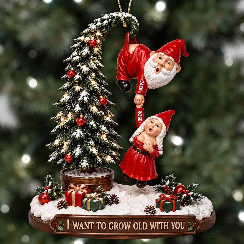 Christmas Gnome Couple Hanging From Tree Personalized Ornament Christmas Gnome Couple Hanging From Tree Personalized Ornament