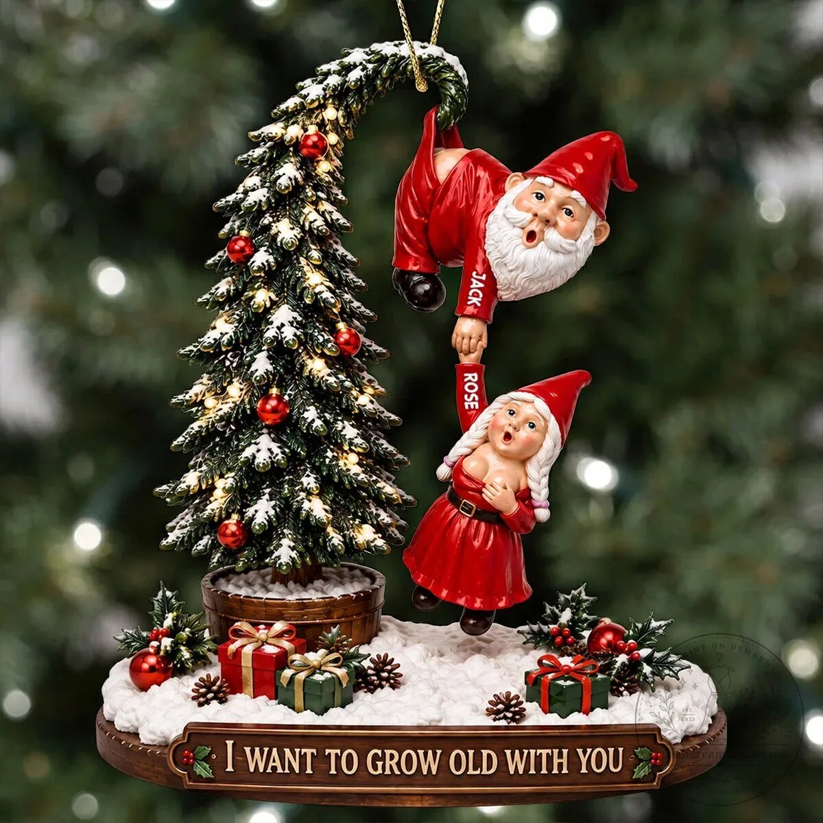 Christmas Gnome Couple Hanging From Tree Personalized Ornament