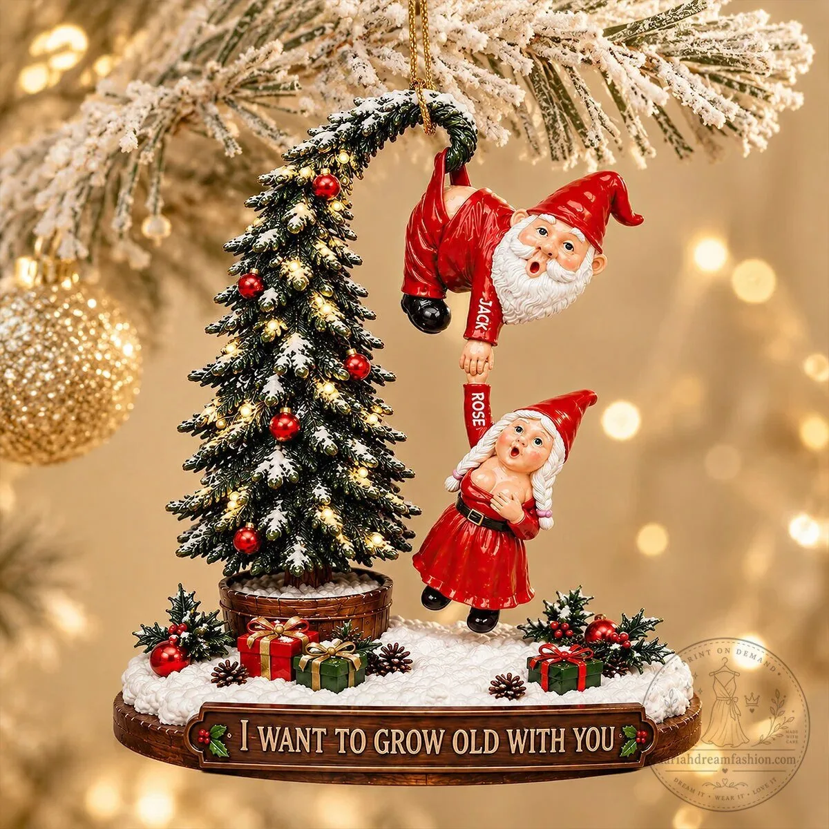 Christmas Gnome Couple Hanging From Tree Personalized Ornament 13 Christmas Gnome Couple Hanging From Tree Personalized Ornament
