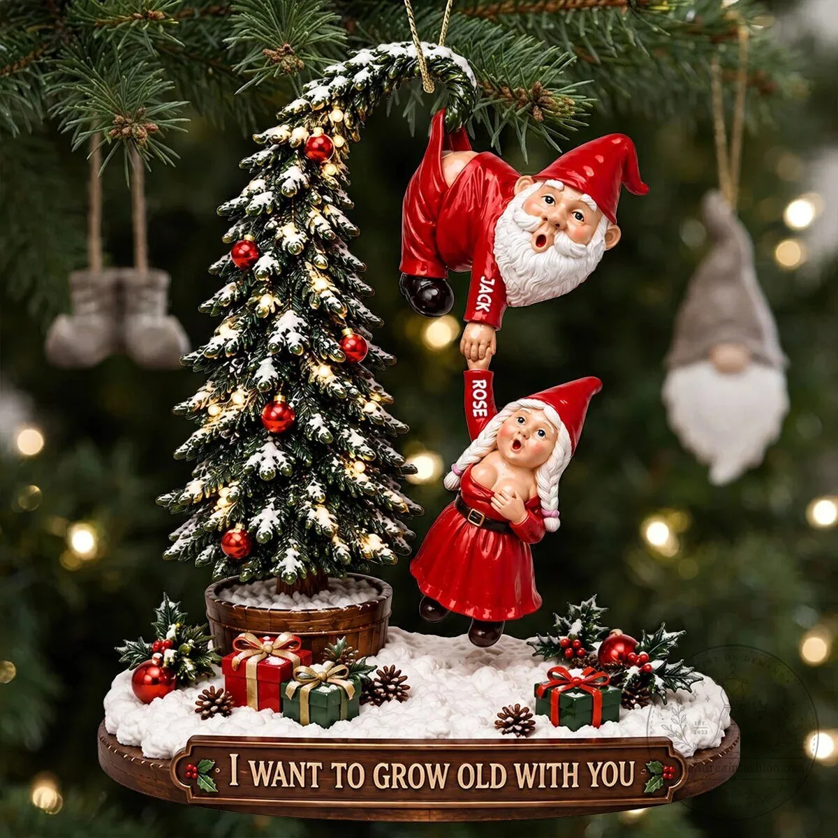 Christmas Gnome Couple Hanging From Tree Personalized Ornament 15 Christmas Gnome Couple Hanging From Tree Personalized Ornament