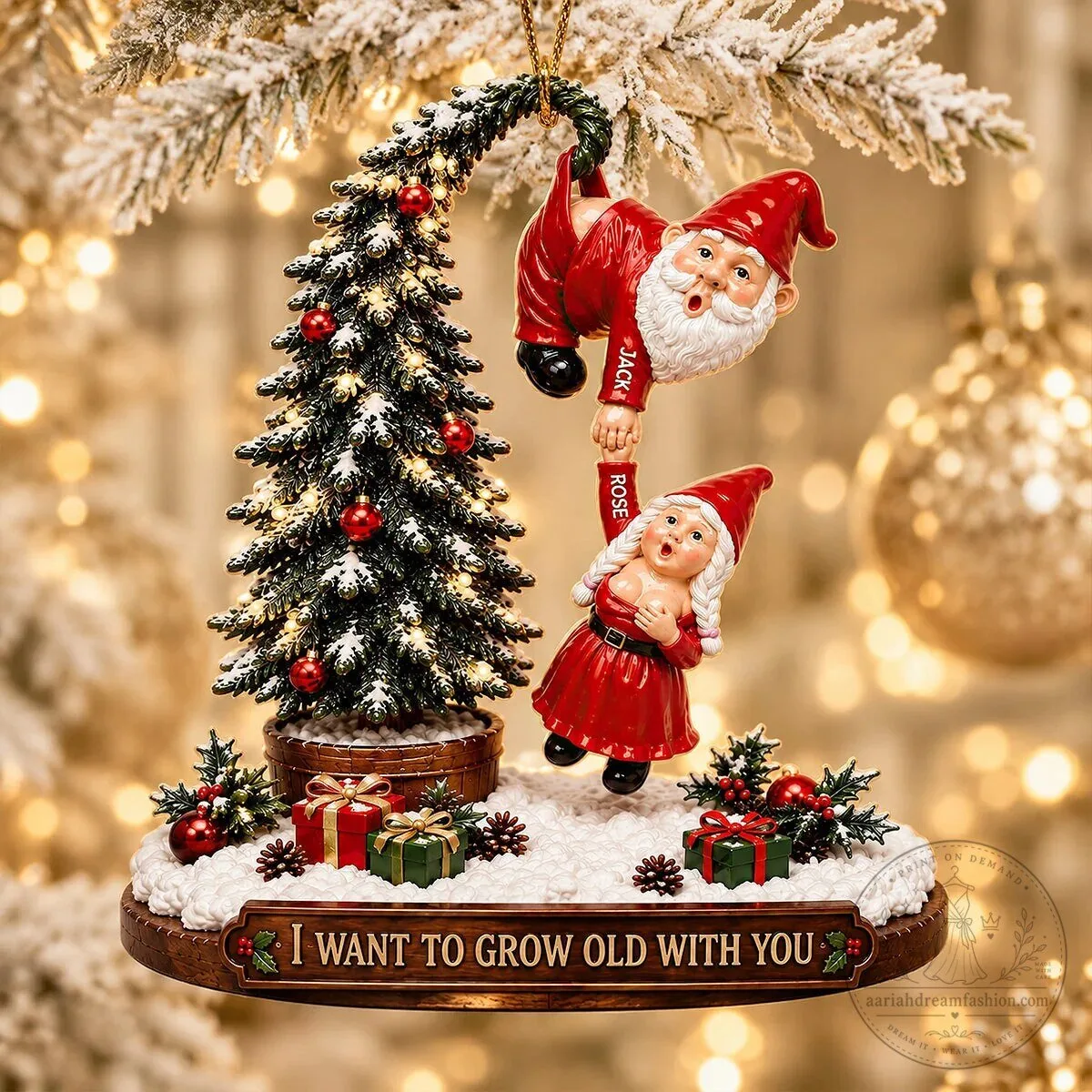 Christmas Gnome Couple Hanging From Tree Personalized Ornament 16 Christmas Gnome Couple Hanging From Tree Personalized Ornament