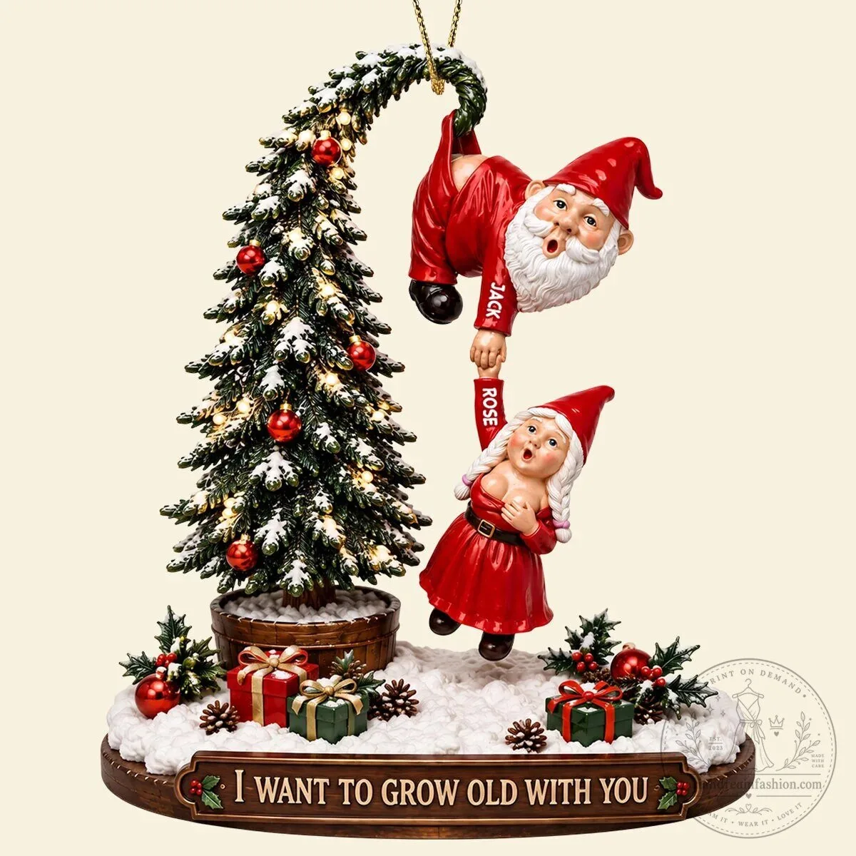 Christmas Gnome Couple Hanging From Tree Personalized Ornament 17 Christmas Gnome Couple Hanging From Tree Personalized Ornament