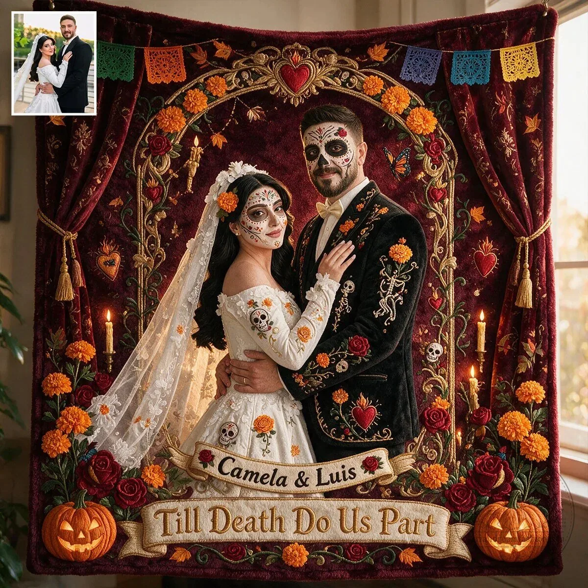 Personalized Day of the Dead Wedding Couple Till Death Do Us Part Blanket