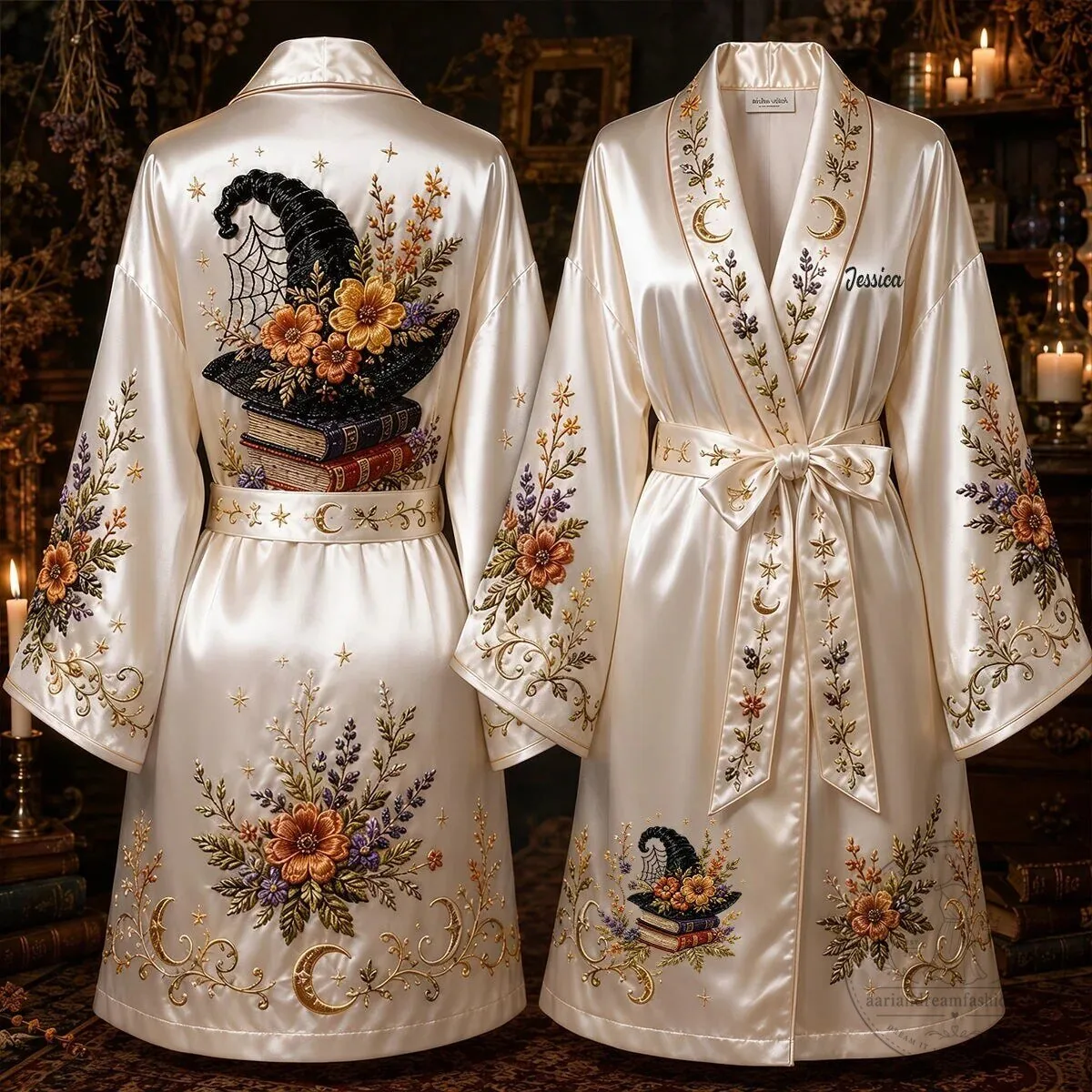 Personalized Witchy Floral Embroidered Satin Robe for Women