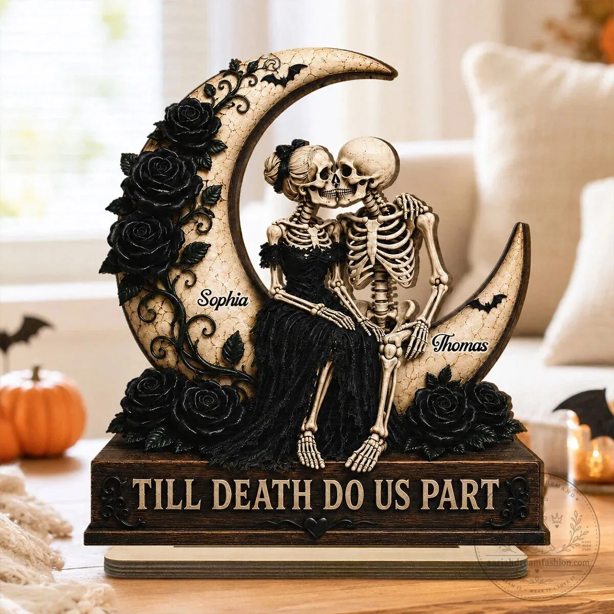 Till Death Do Us Part Skeleton Couple Personalized Crescent Moon Plaque