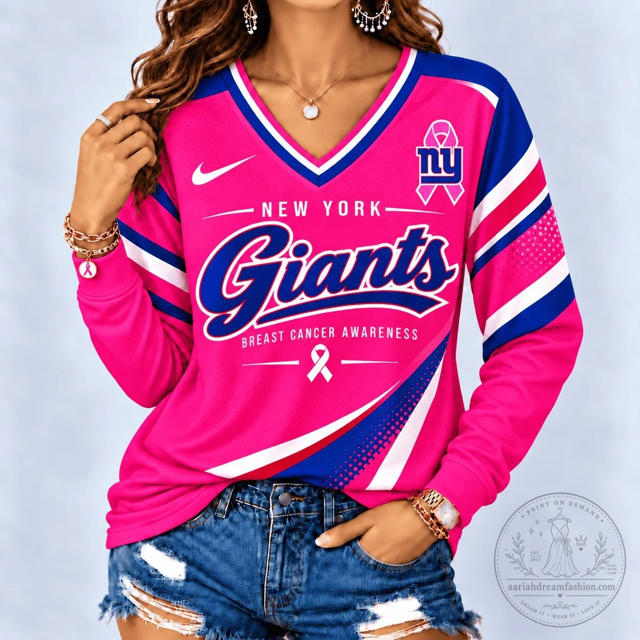 New York Giants Breast Cancer Awareness Pink V-Neck Long Sleeve Shirt