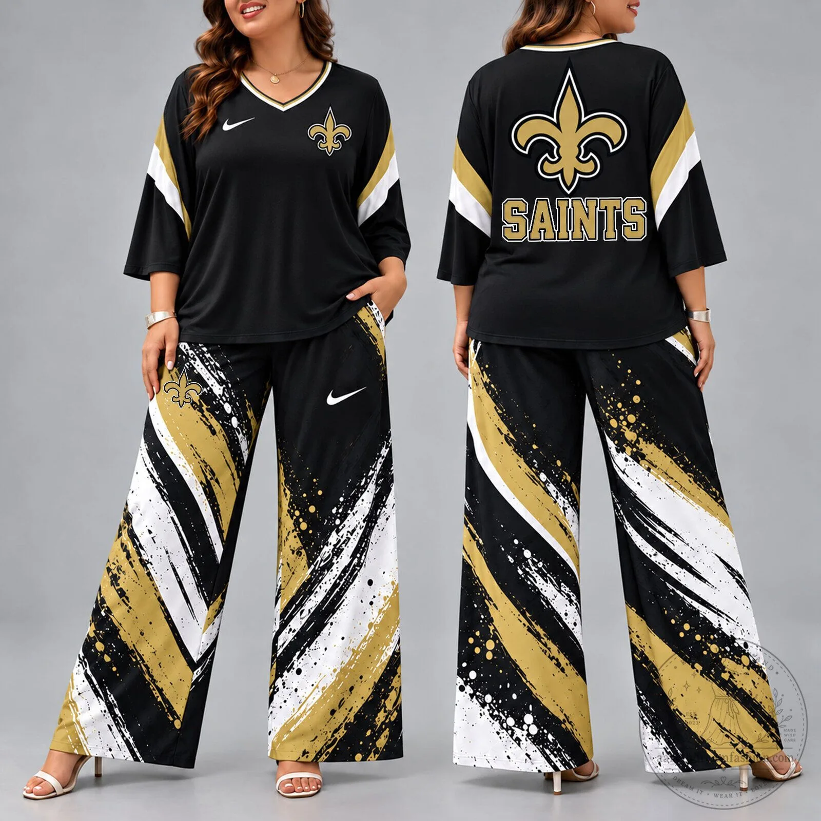 New Orleans Saints Women's Black and Gold V-Neck Top and Wide Leg Pants Set