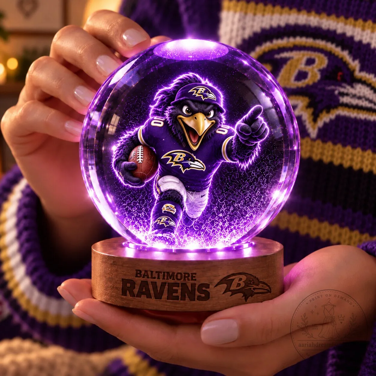 Baltimore Ravens Football Team Crystal Ball Night Light Lamp with Wooden Base