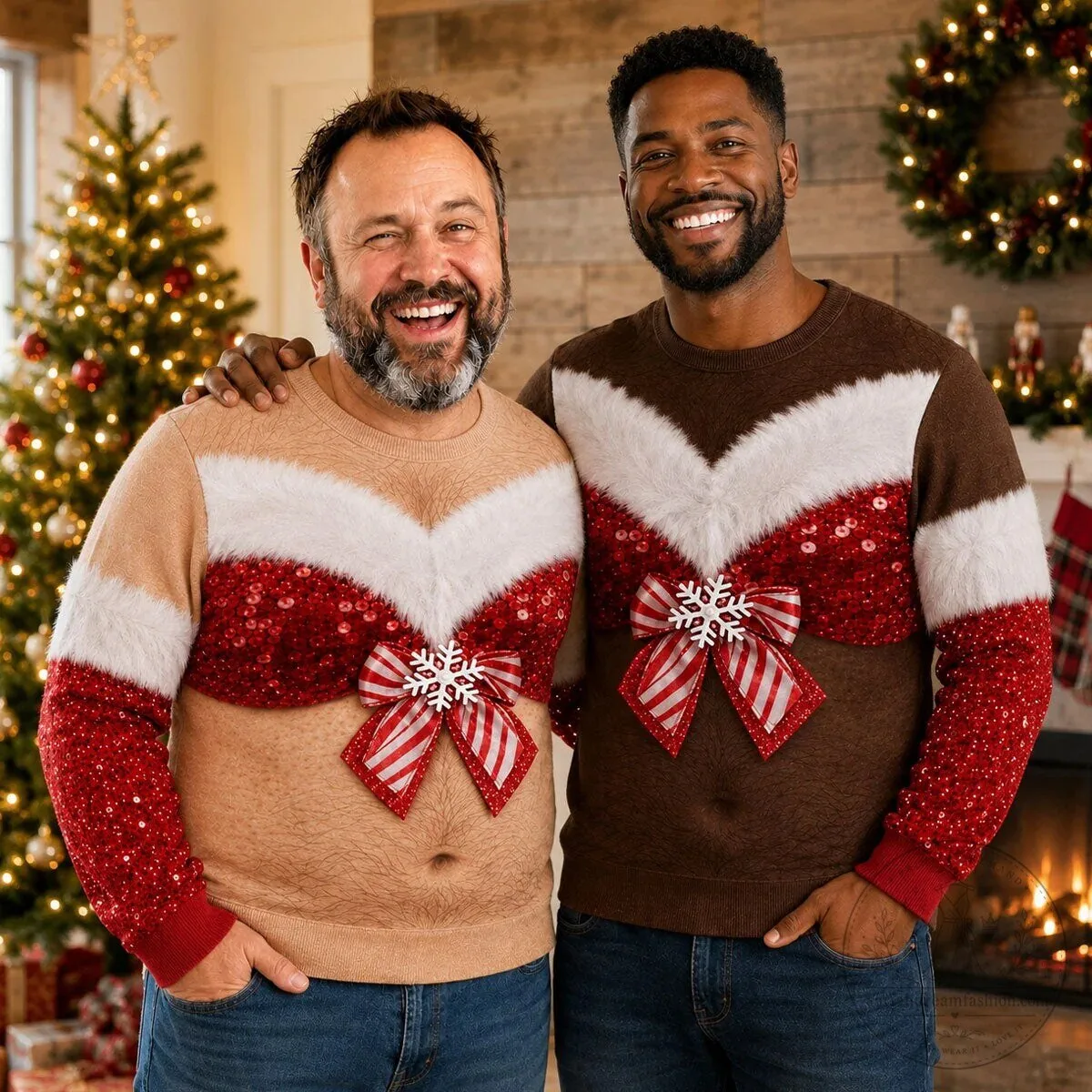 Funny Christmas Ugly Sweater with Sequins and Bow for Men, Holiday Party Apparel