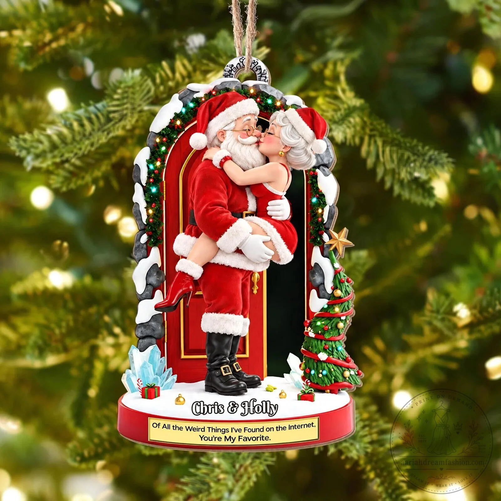 Custom Christmas Tree Ornament of Santa and Mrs. Claus in a Kissing Pose