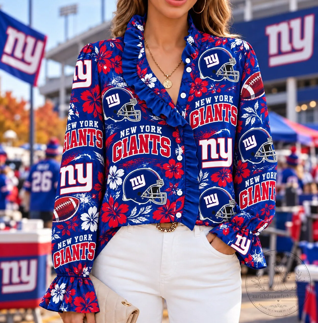 New York Giants NFL Football Team Ruffle Blouse Long Sleeve Button Up Shirt