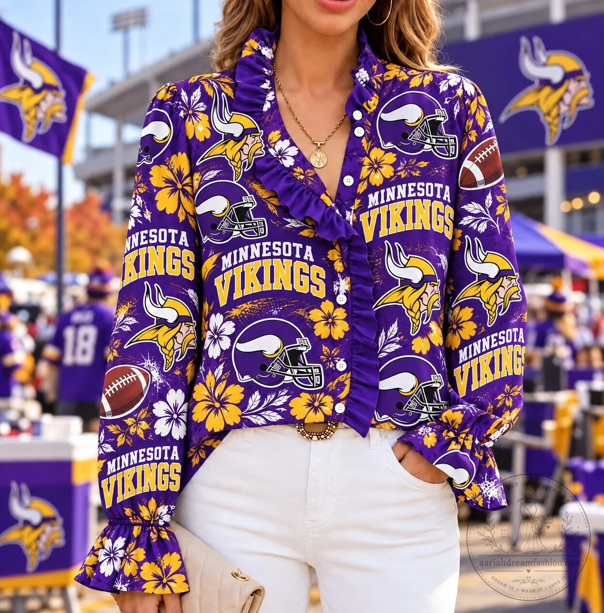 Minnesota Vikings Football Team Floral Pattern Ruffled Long Sleeve Shirt