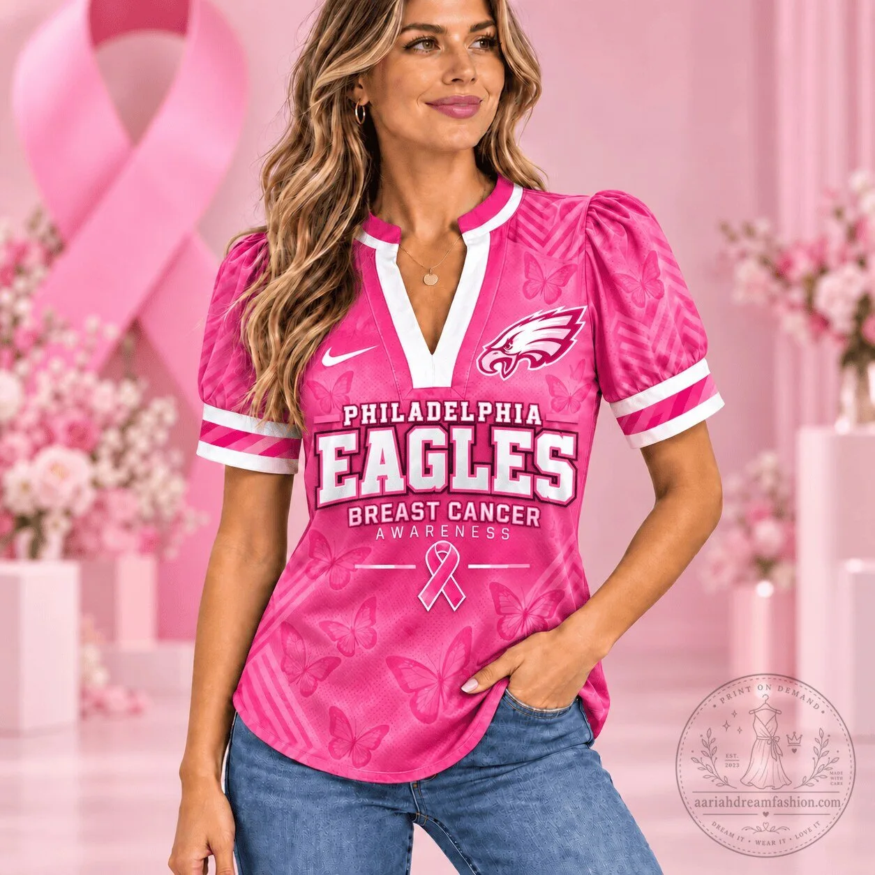 Philadelphia Eagles Breast Cancer Awareness Pink Women's V-Neck T-Shirt 2 Philadelphia Eagles Breast Cancer Awareness Pink Women's V-Neck T-Shirt