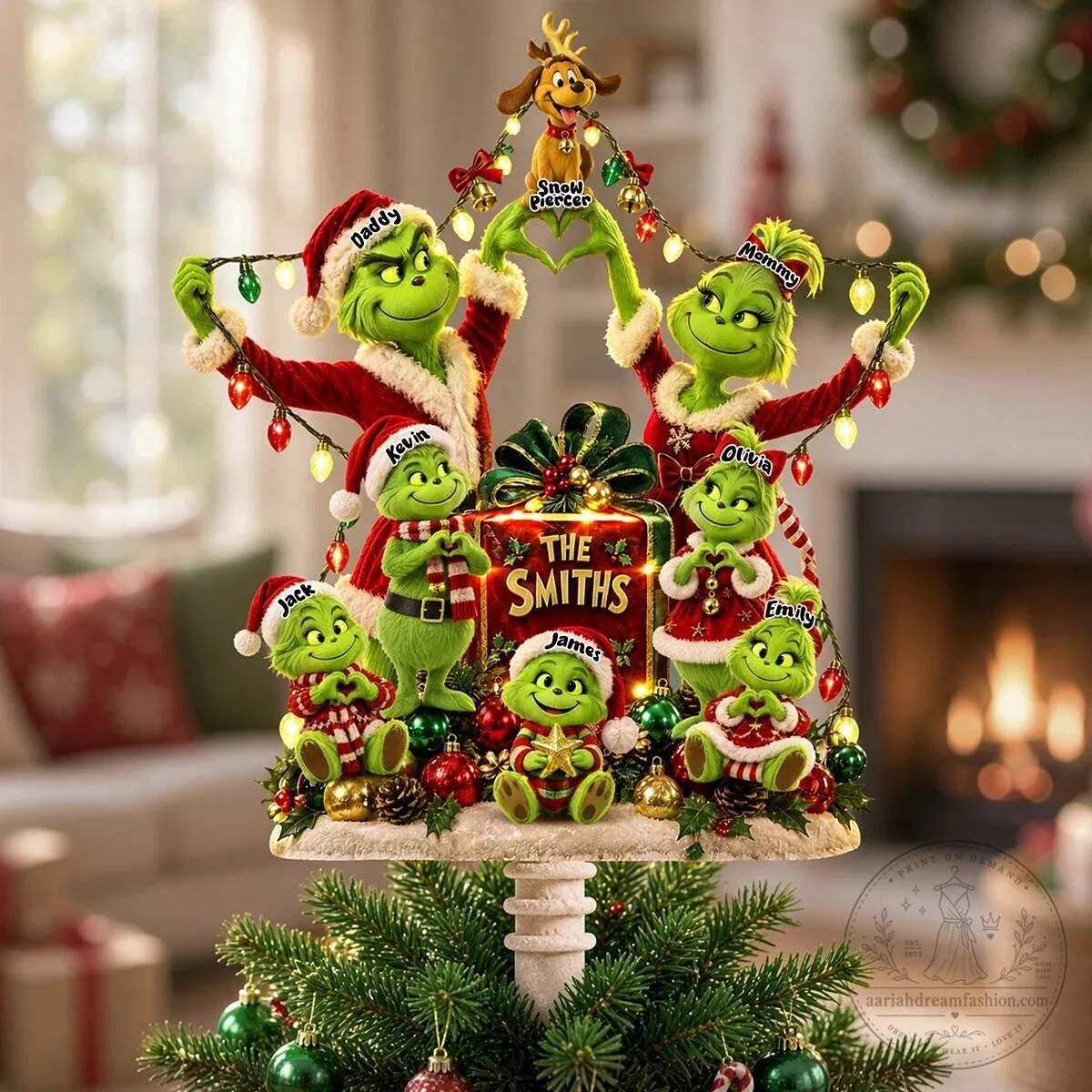 Grinch Family Christmas Tree Topper with Personalized Names and Lights