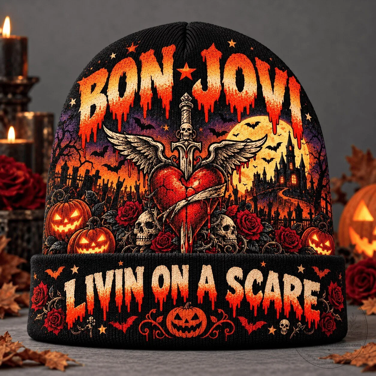 Bon Jovi Livin' On A Scare Halloween Winged Dagger Heart Knit Beanie