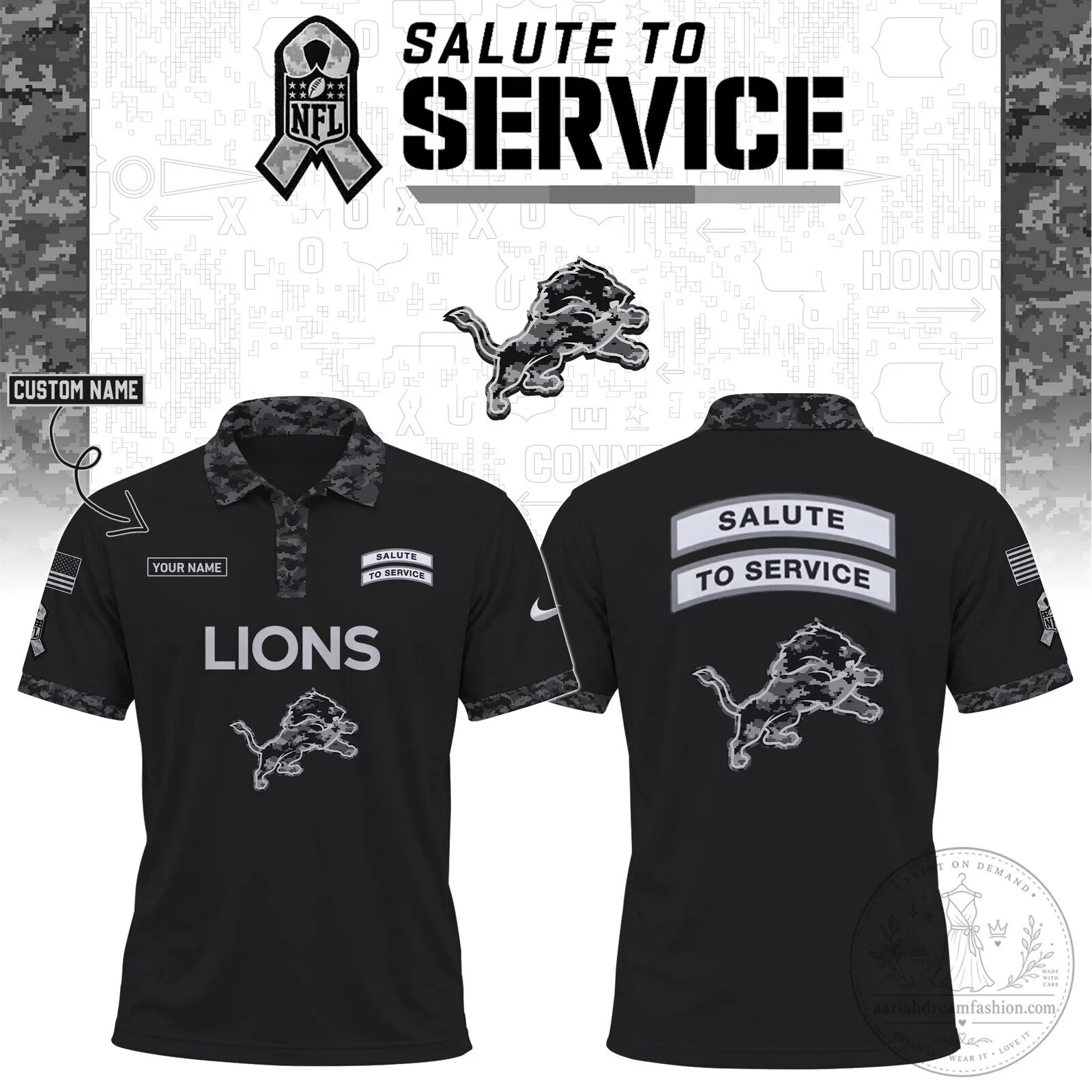 Detroit Lions Salute To Service Black Custom Name Polo Shirt