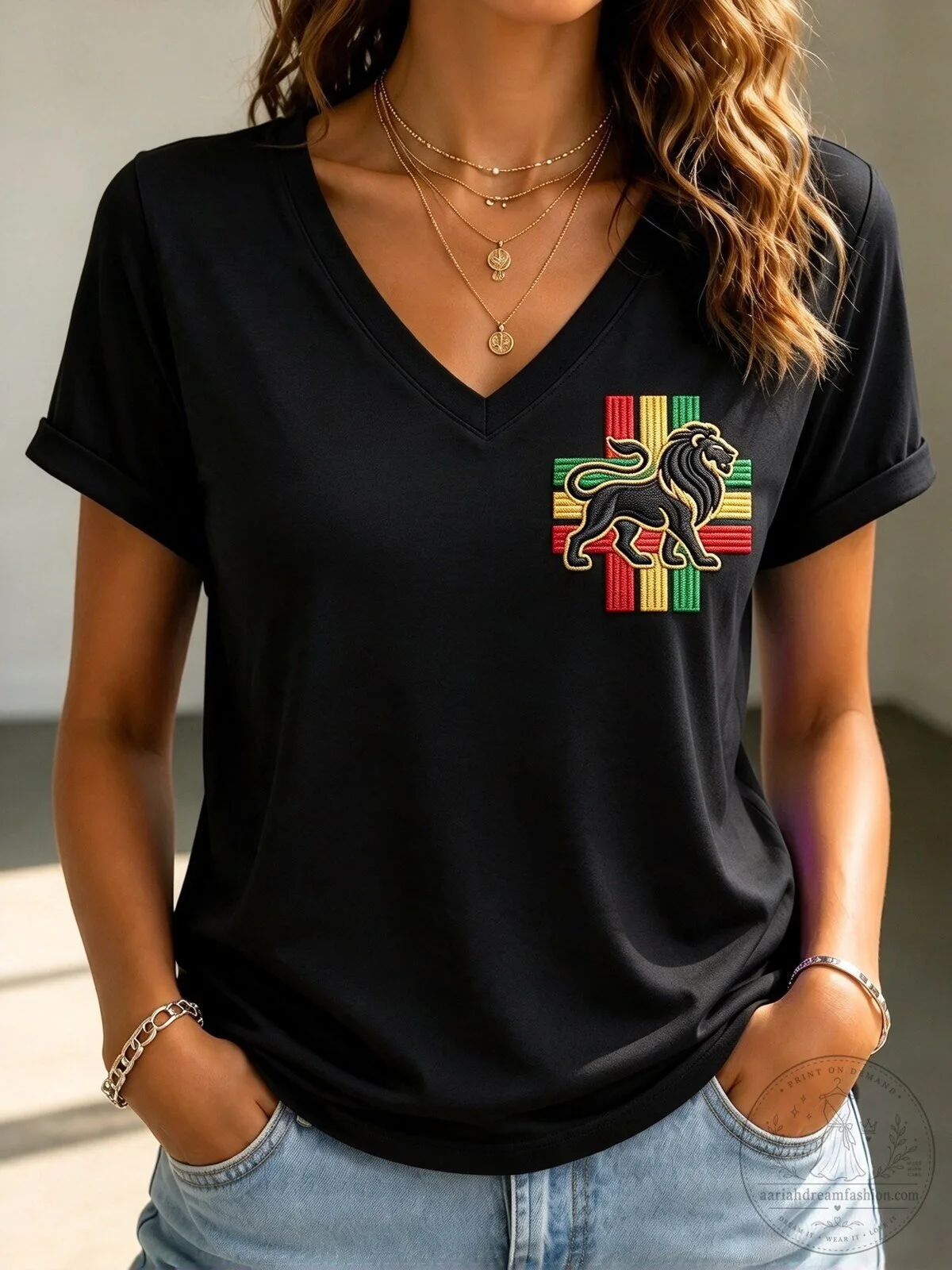 Rastafarian Lion of Judah Black V-Neck Short Sleeve T-Shirt for Women