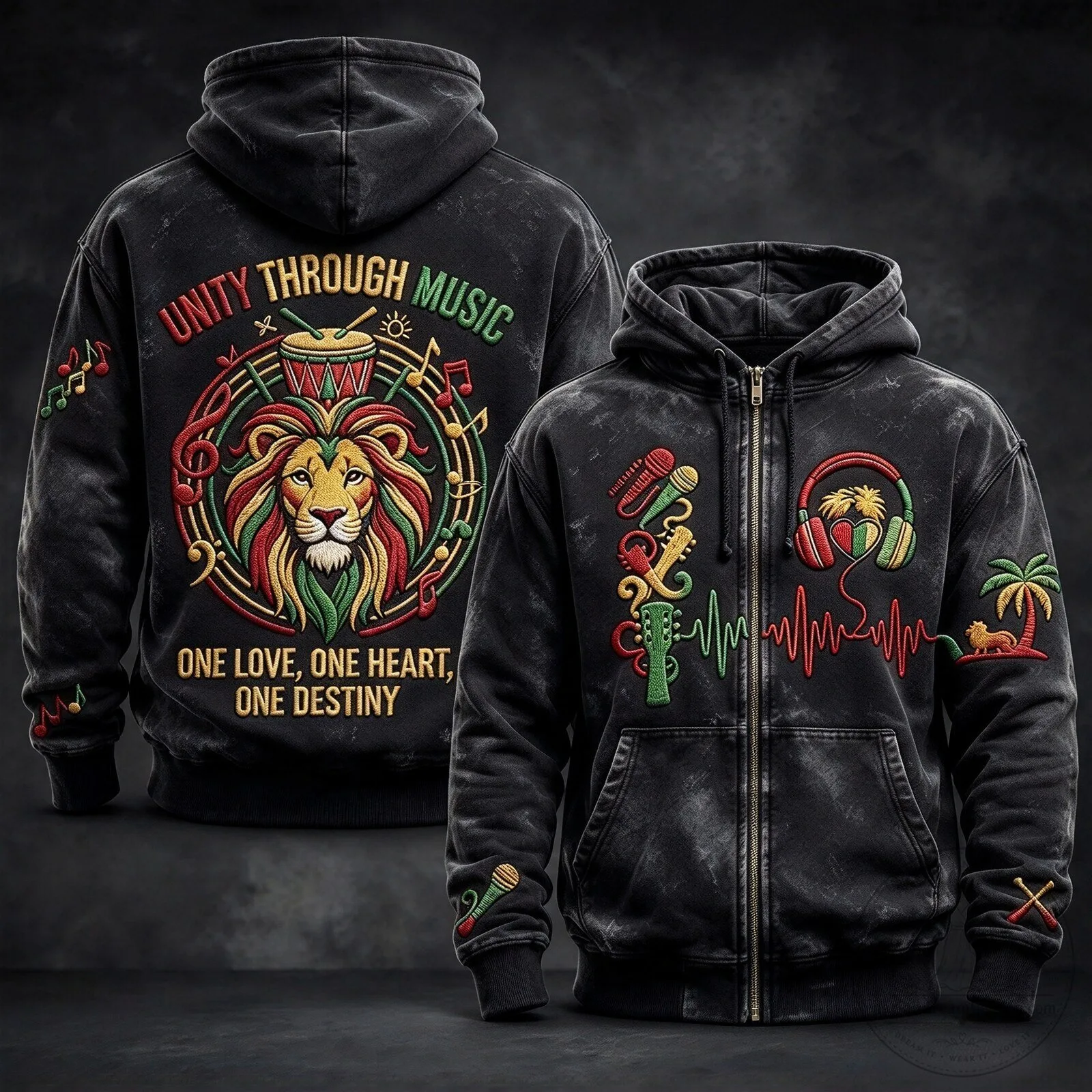 Reggae Music Lion Unity One Love One Heart One Destiny Full Zip Hoodie