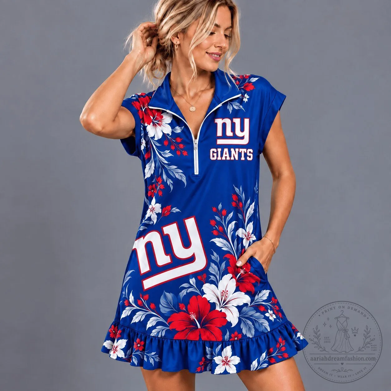 New York Giants NFL Football Floral Quarter-Zip Ruffle Dress 5 New York Giants NFL Football Floral Quarter-Zip Ruffle Dress