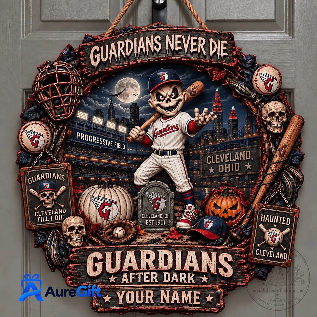 Cleveland Guardians Halloween Haunted Baseball Stadium Wooden Door Hanger