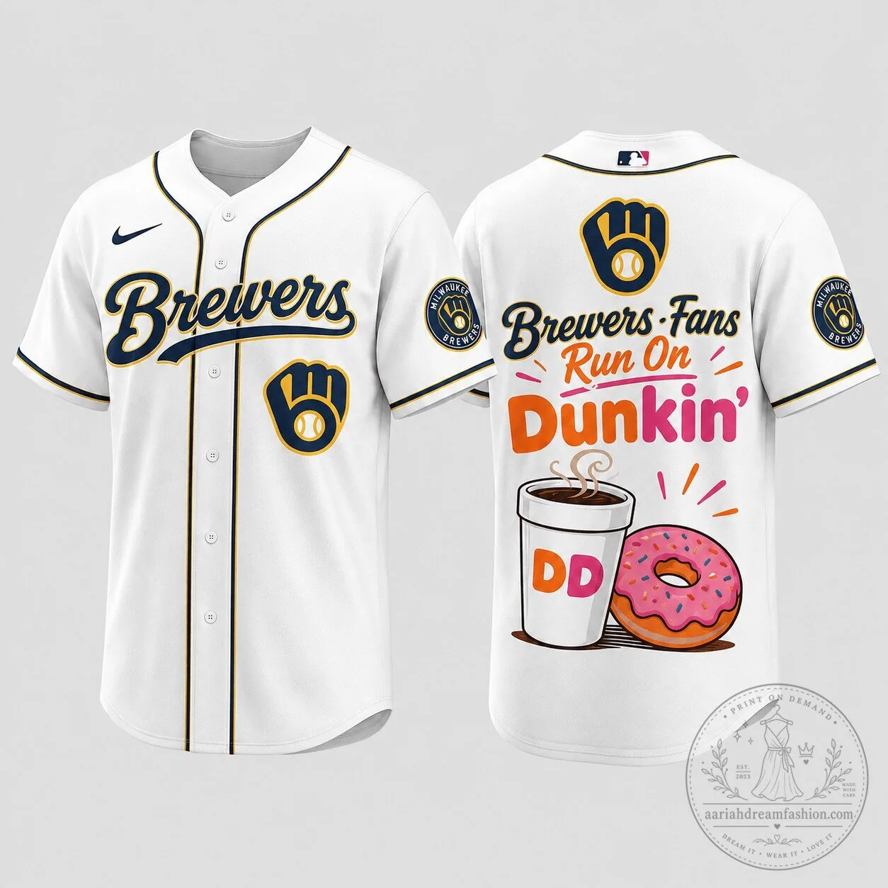Milwaukee Brewers Baseball Fans Run On Dunkin' White Baseball Jersey