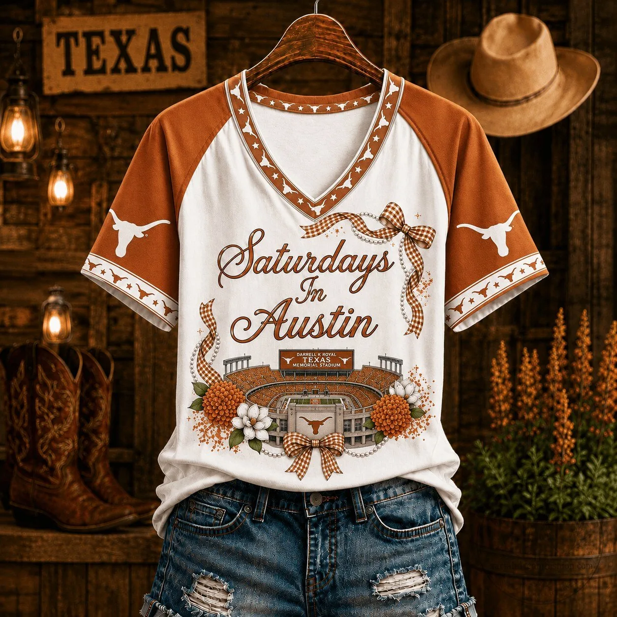 V-Neck T-Shirt for Texas Longhorns at Darrell K Royal Memorial Stadium on Saturdays in Austin