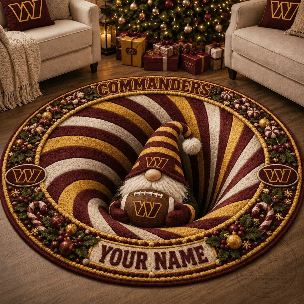 Washington Commanders Christmas Gnome Swirl Personalized Round Rug Washington Commanders Christmas Gnome Swirl Personalized Round Rug