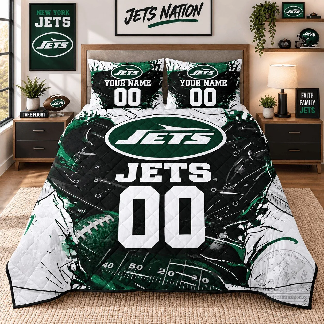 New York Jets Personalized Football Quilt Bedding Set with Custom Name and Number