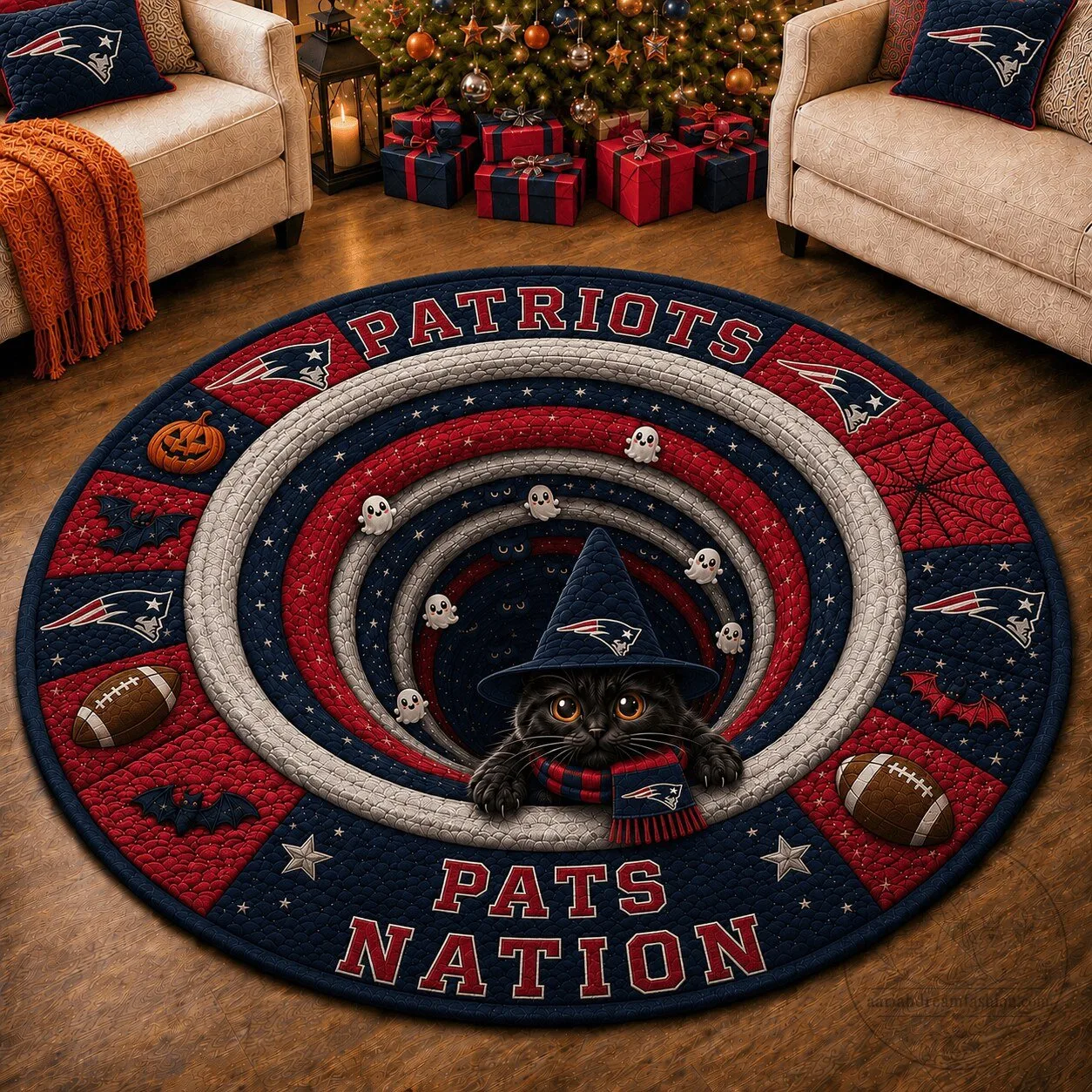 New England Patriots Halloween Witch Cat Round Quilted Rug