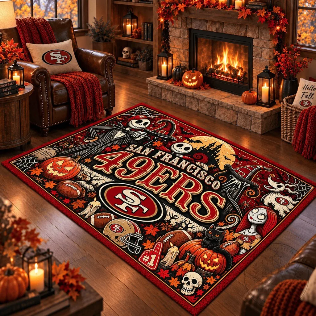 San Francisco 49ers Halloween Jack Skellington Football Area Rug San Francisco 49ers Halloween Jack Skellington Football Area Rug