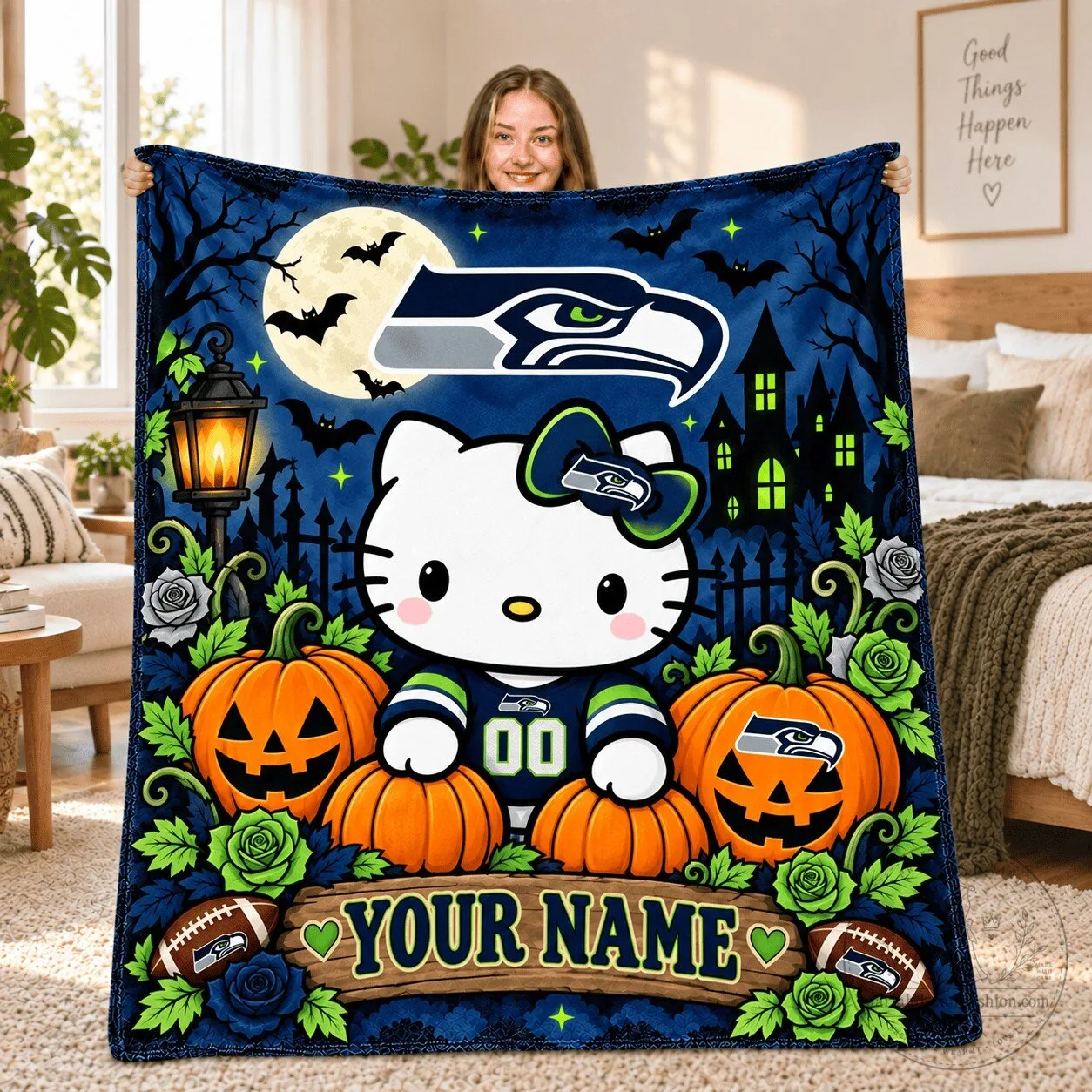 Hello Kitty Seattle Seahawks Halloween Fleece Blanket Custom Name