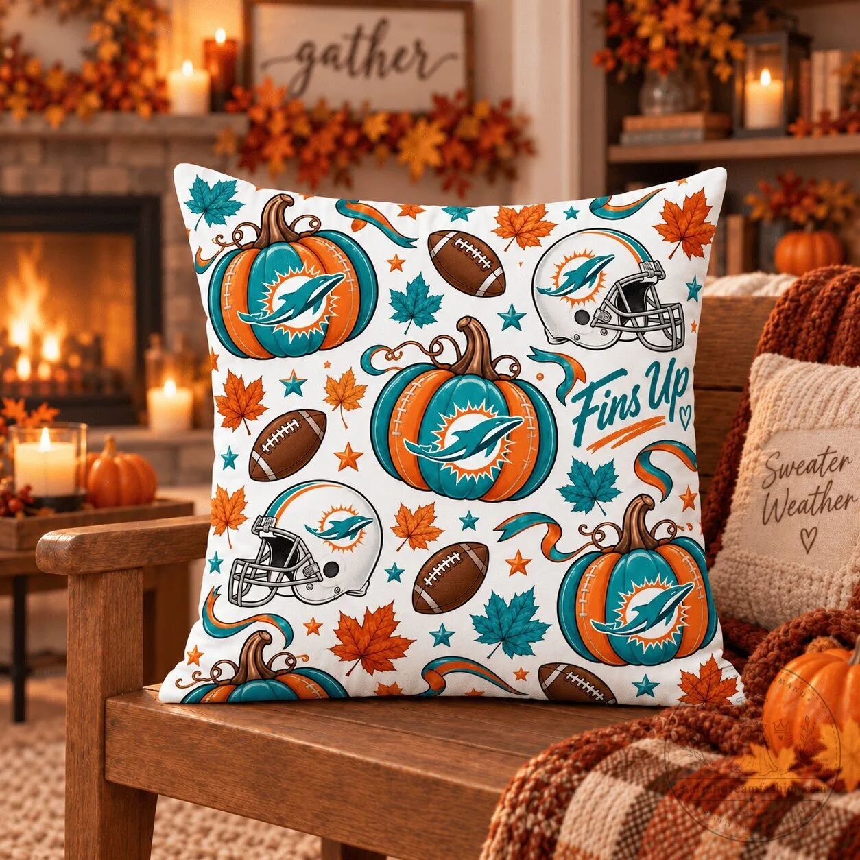 Miami Dolphins Halloween Pumpkin Football Helmet Autumn Leaves Pillow