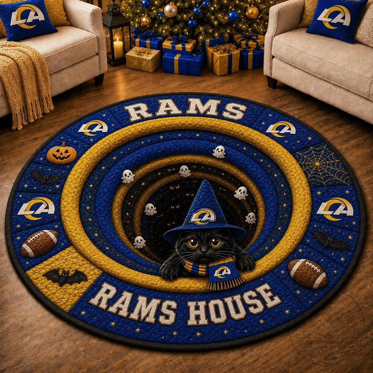 Los Angeles Rams Halloween Black Cat Witch Hat Round Area Rug