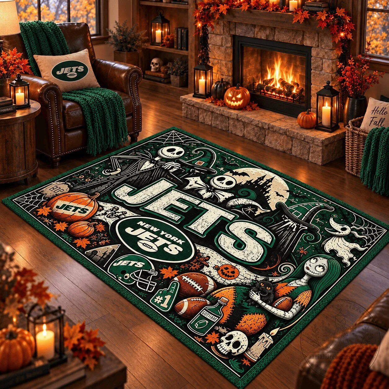 New York Jets Halloween Jack Skellington Football Team Area Rug