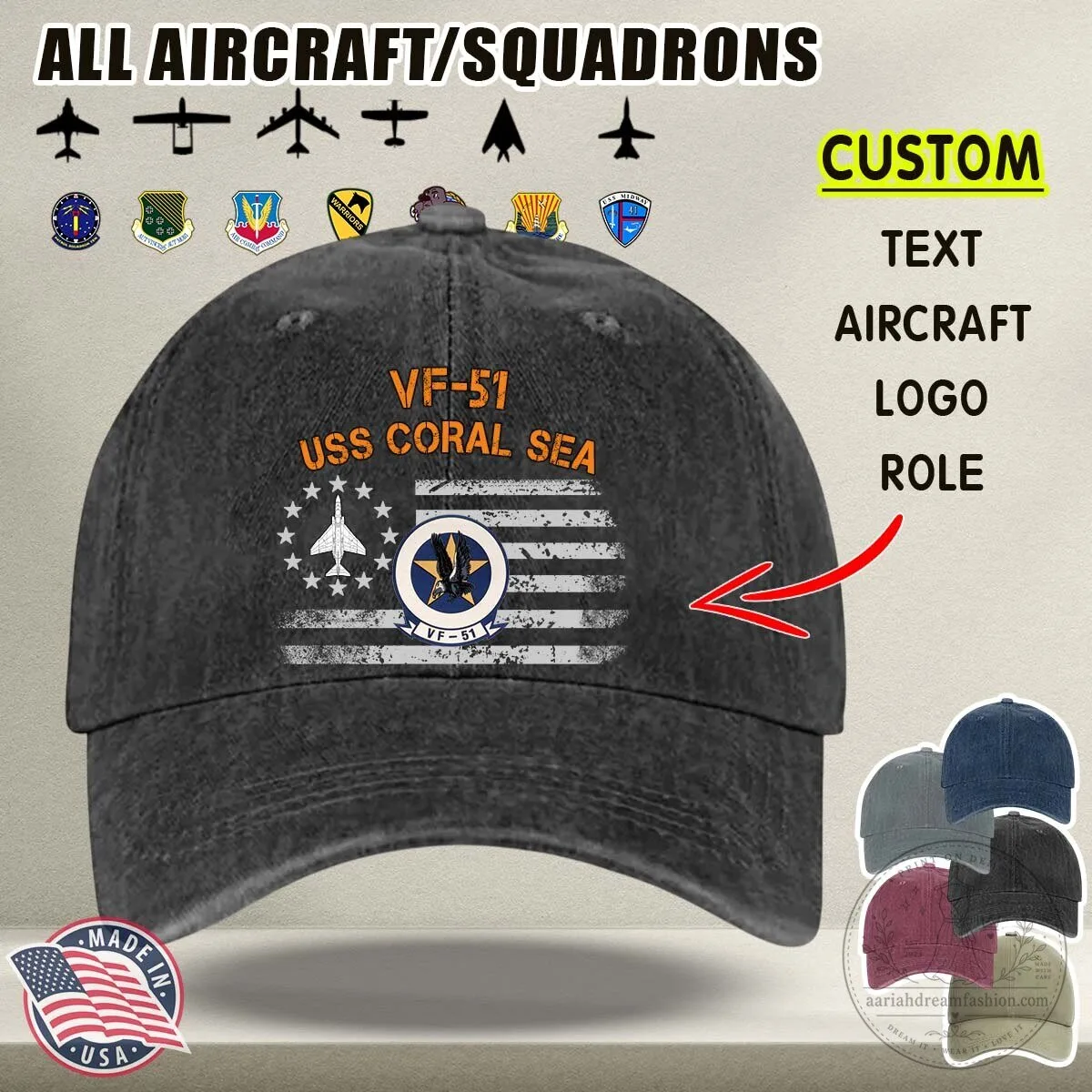 VF-51 USS Coral Sea US Navy Fighter Squadron Washed Denim Baseball Cap Hat
