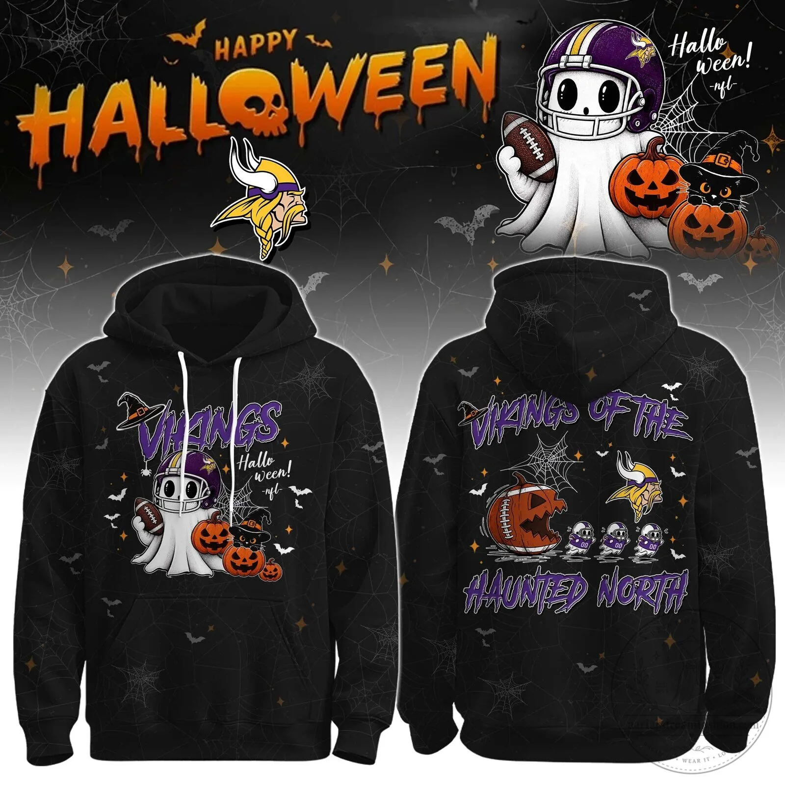 Minnesota Vikings Halloween Ghost Football Player Spiderweb Black Hoodie