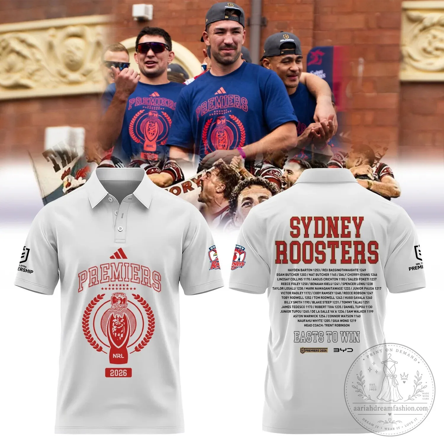Sydney Roosters National Rugby League Premiers 2026 White Polo Shirt 2 Sydney Roosters National Rugby League Premiers 2026 White Polo Shirt