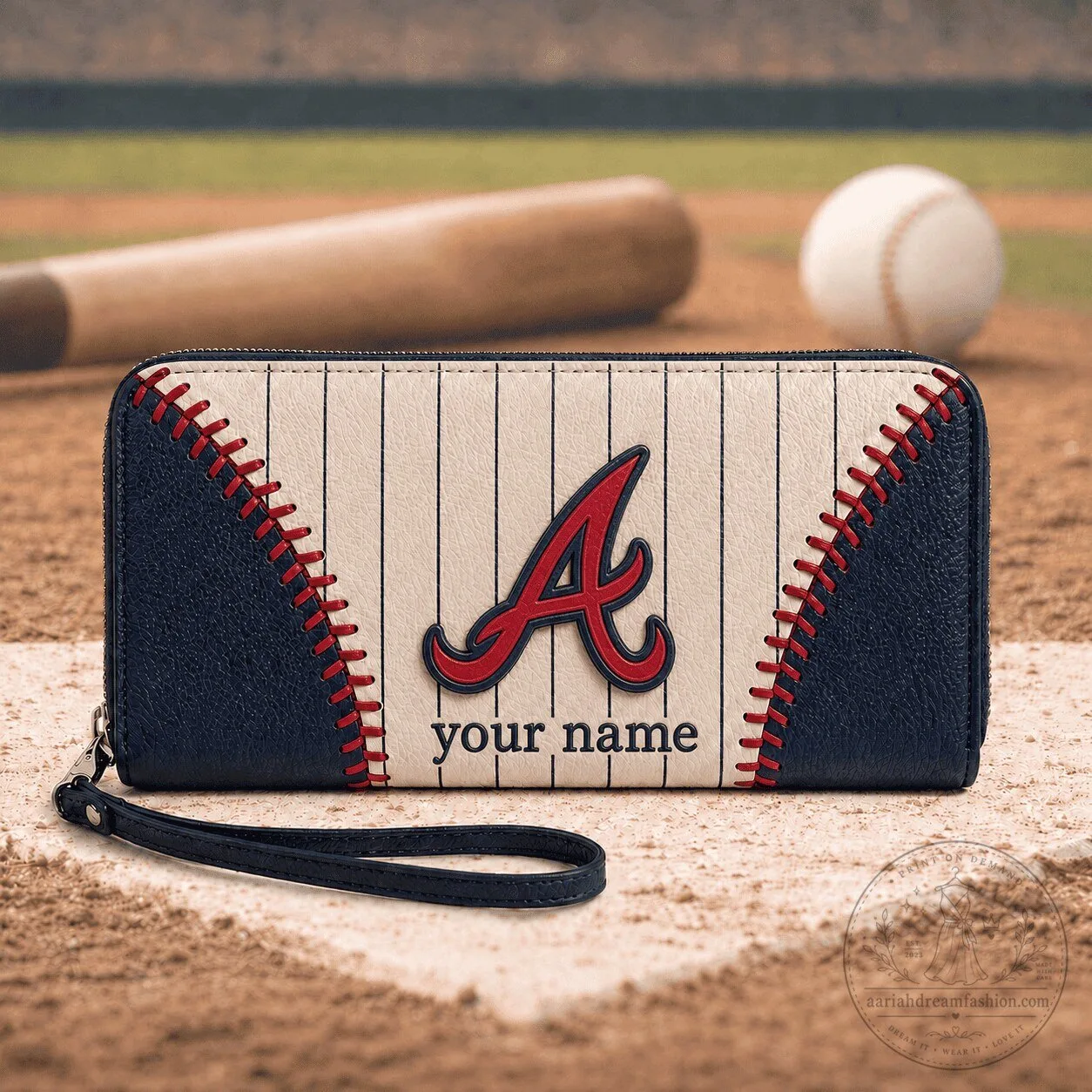 Atlanta Braves Baseball Stitching Personalized Leather Zipper Wallet