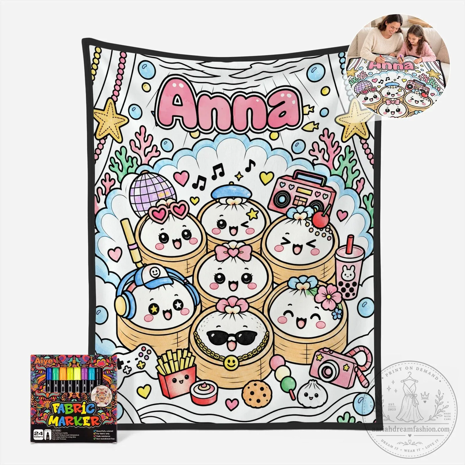 Personalized Squishy Dumpling Coloring Blanket for Kids with Fabric Markers
