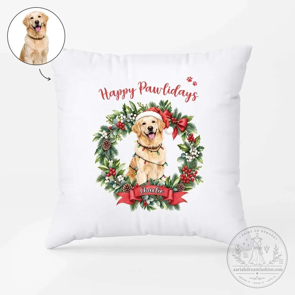 Happy Pawlidays Golden Retriever Christmas Wreath Personalized Pet Photo Pillow
