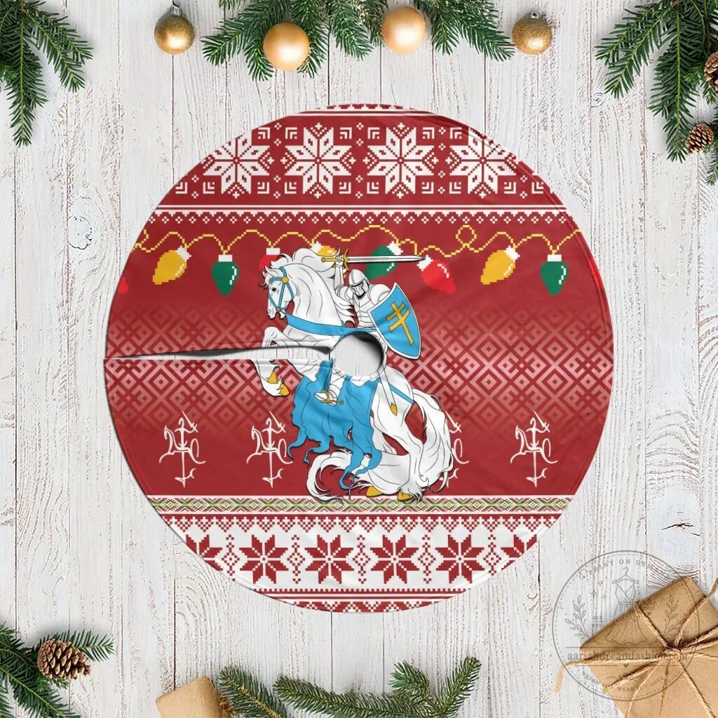 Lithuanian Christmas Tree Skirt with Vytis Knight and Linksmu Kaledu Design