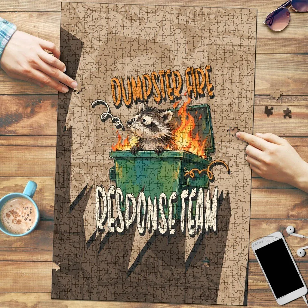 Dumpster Fire Response Team Raccoon Cartoon Funny Jigsaw Puzzle