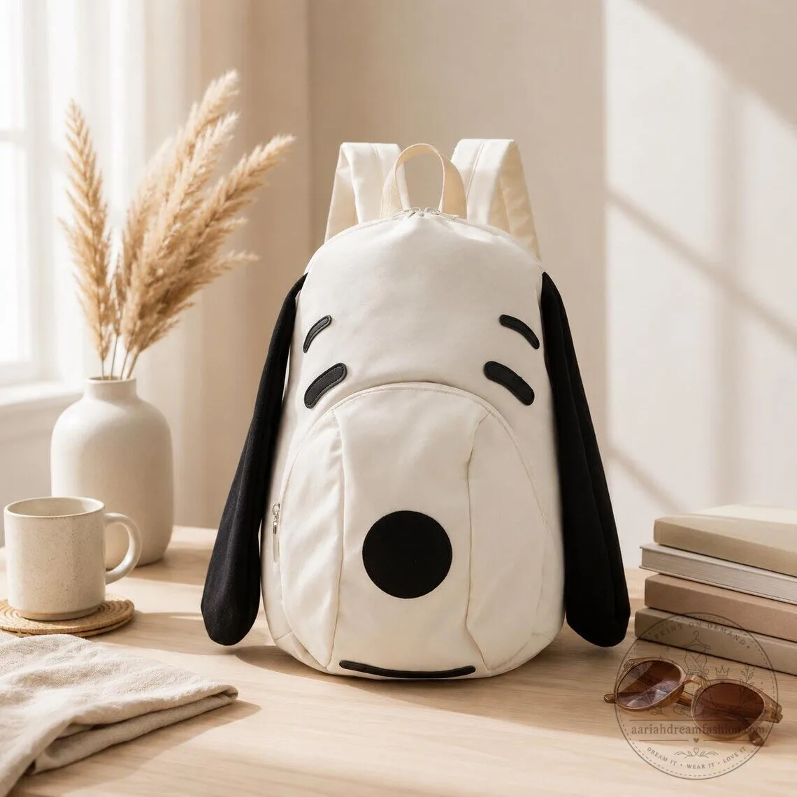 Snoopy Dog Face Cream Canvas Backpack with Floppy Ears for Peanuts Fans