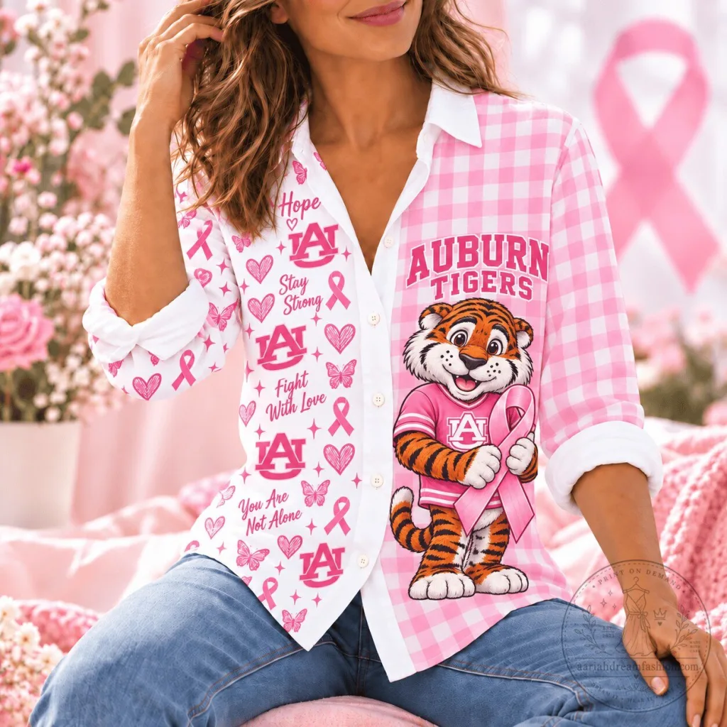 Auburn Tigers Breast Cancer Awareness Pink Gingham Women's Button-Up Shirt Auburn Tigers Breast Cancer Awareness Pink Gingham Women's Button-Up Shirt