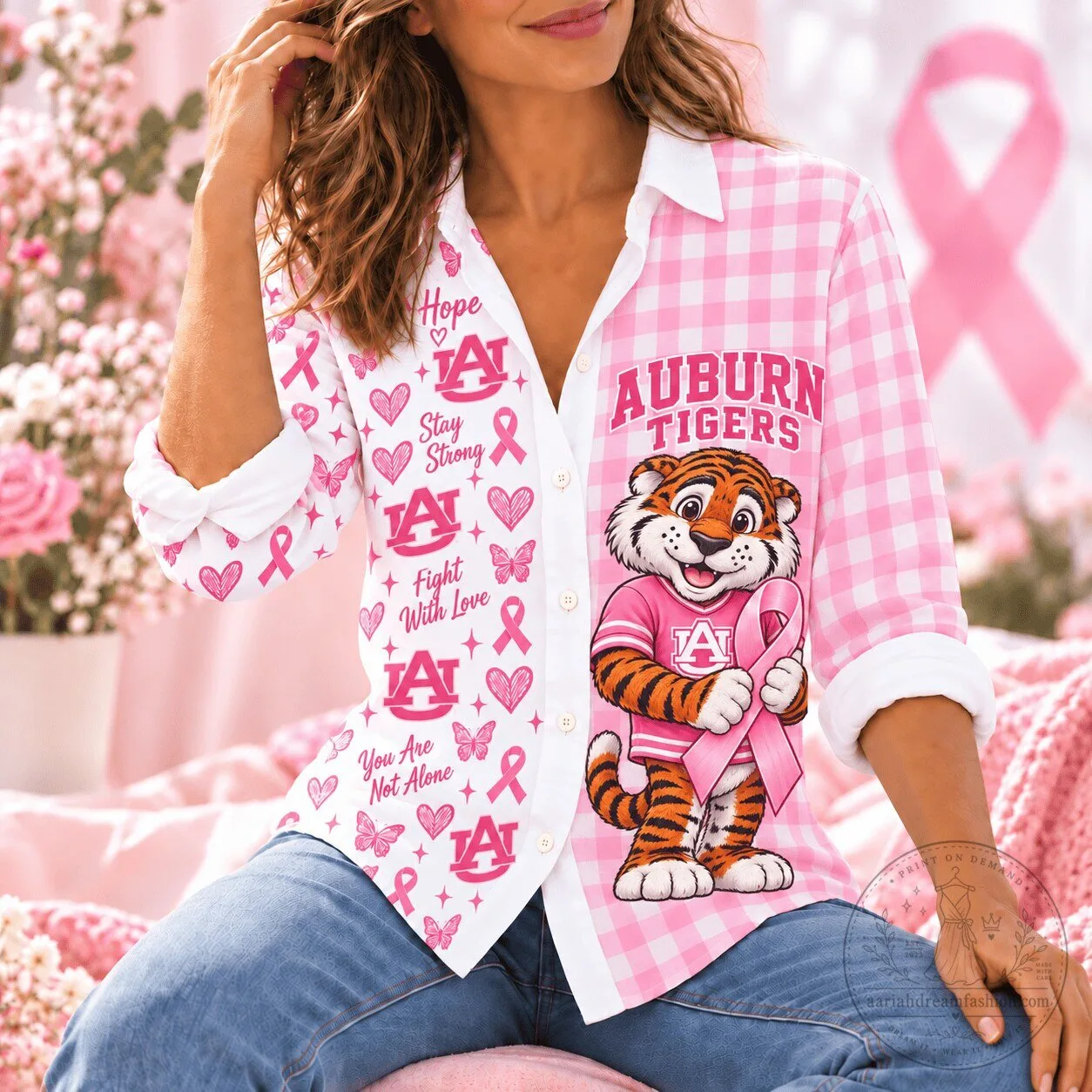 Auburn Tigers Breast Cancer Awareness Pink Gingham Women's Button-Up Shirt